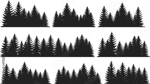 Dense pine tree forest silhouettes, evergreen woodland landscape vector set, natural conifer trees, black silhouette illustration, outdoor nature background design, ecology