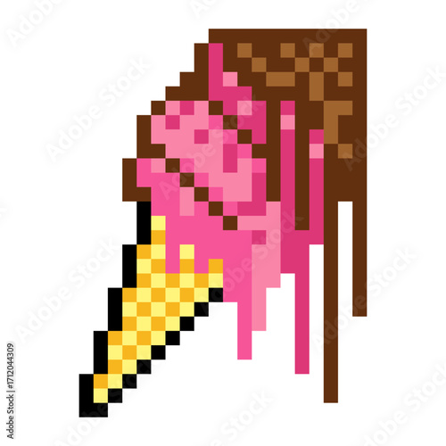 Chocolate glaze ice cream cone with pixel art isolated on white background