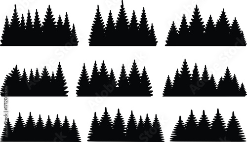 Pine forest tree silhouettes vector collection, evergreen woodland landscape design elements, conifer trees black silhouette set, nature background, outdoor illustration, ecology