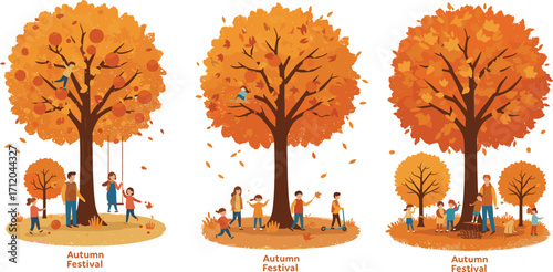Autumn festival, fall celebration, orange trees, children playing, seasonal picnic, outdoor fun, family gathering, vibrant foliage, nature scene, community joy