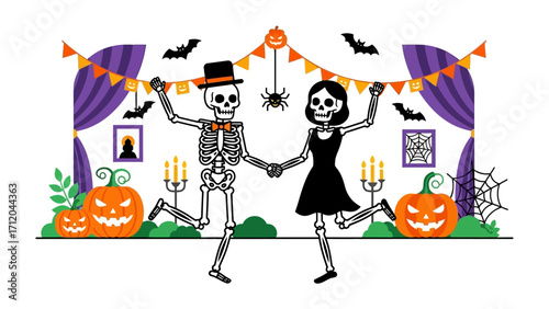 Dancing Skeletons: Halloween scene with dancing skeletons, pumpkins, bats, and spider. evoking the eerie, fun atmosphere of Halloween celebration