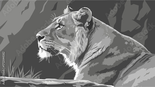 Stylized grayscale portrait of a lioness majestic feline artwork wildlife illustration big cat design.