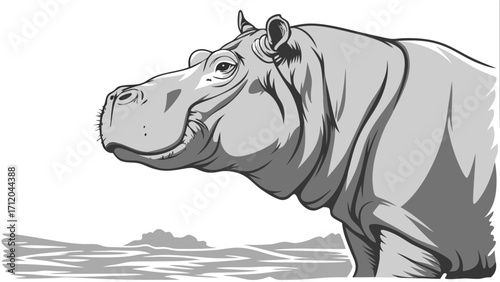 Stylized Hippopotamus Illustration Monochrome Animal Portrait Wildlife Art African Animal Design Water Background Grey Scale Vector Graphic.