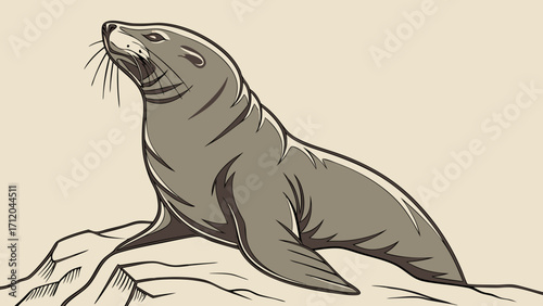 Stylized illustration of a seal resting on a rock wildlife art ocean animal marine mammal graphics.
