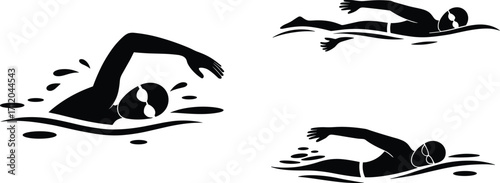 Silhouettes of swimmers in water, freestyle swimming stroke, competitive athlete training, swimming pool sport, goggles, swimming action, fitness, vector illustration
