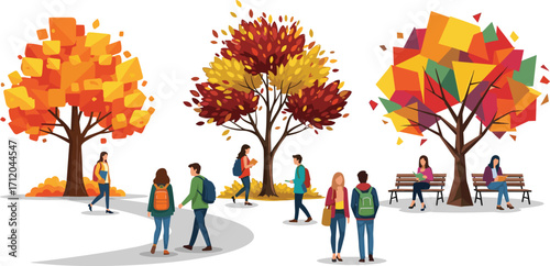Autumn park scene, colorful fall trees, students walking, casual clothing, outdoor activity, peaceful atmosphere, seasonal foliage, social interaction, nature background, leisure time