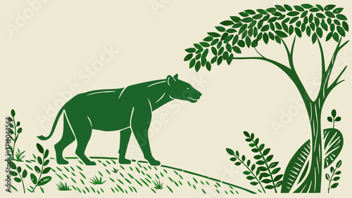 Stylized illustration of a wild cat in a green landscape nature artwork wildlife design green foliage minimalist vector art.