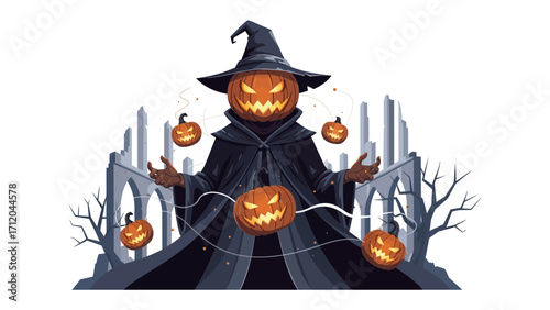 Halloween pumpkin character: A whimsical Halloween illustration featuring a pumpkin-headed character dressed in a dark cloak and hat, surrounded by levitating carved pumpkins in a spooky atmosphere.