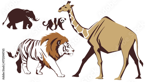 Stylized illustration of various wild animals including elephant panda giraffe lion and camel perfect for zoo wildlife or nature projects.