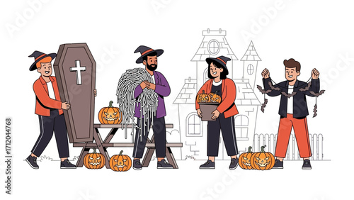 Halloween Preparation: A group of individuals, adorned in festive attire, meticulously prepare for Halloween. They work together to set up decorations.
