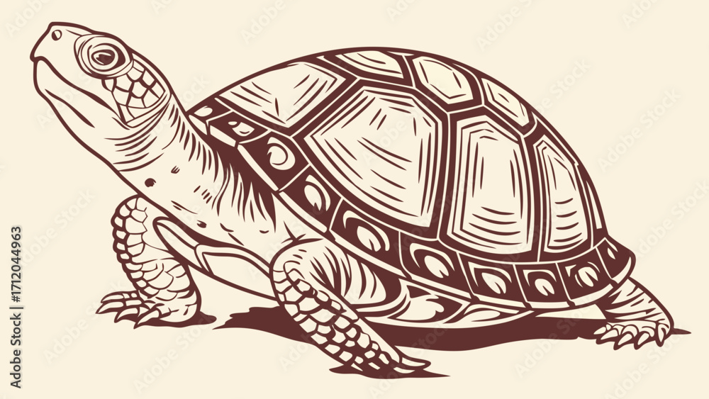 Fototapeta premium Stylized Turtle Illustration Reptile Shell Design Vintage Tortoise Graphic Wildlife Animal Art Nature Print Zoo Animal Image Brown Turtle Drawing Retro Tortoise Artwork.