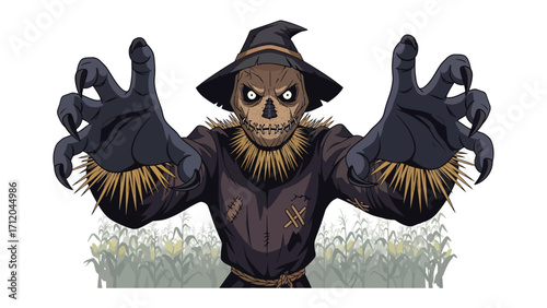 Sinister Scarecrow: A ghoulish scarecrow with a stitched grin and menacing presence, ready to haunt with outstretched, claw-like hands and a wide, hollow eyes.