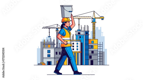 Construction Worker Balancing Bucket: This dynamic image captures a construction worker gracefully balancing a bucket atop their head, set against the backdrop of towering construction cranes.