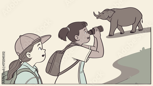 Two girls observing an elephant with binoculars during a safari wildlife adventure illustration.