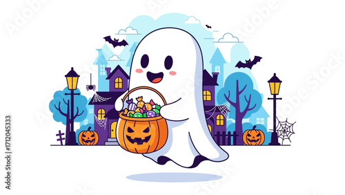 Halloween's Spectral Delight: A cheerful ghost floats through a festive Halloween night, holding a vibrant pumpkin basket brimming with treats, a delightful and enchanting scene for the spooky season.