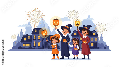 Halloween's Joy: Children in festive attire hold up carved lanterns against a backdrop of houses and fireworks, capturing the spirit of the autumn holiday.