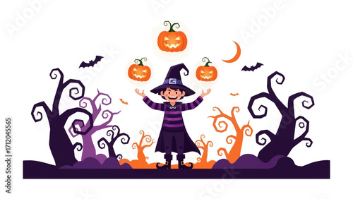 Halloween Witch's Enchantment: A whimsical illustration shows a young witch conjuring floating jack-o'-lanterns amid eerie trees and the night sky, evoking the magic and spooky spirit of Halloween.
