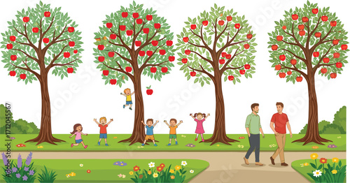 Children playing in apple tree park, outdoor nature scene, red apples, family walk, lush greenery, joyful activity, seasonal recreation, vibrant landscape