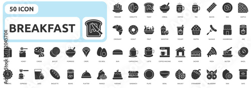 Breakfast icon set glyph style with pancake, omelette, toast, cereal, coffee, tea, bacon, egg, waffle, bagel, croissant, donut, fruit, smoothie, yogurt icons