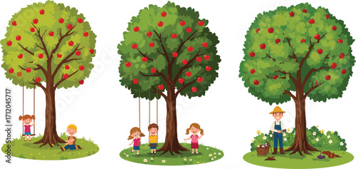 Children playing on swings under apple trees, farmer harvesting, fun in orchard, countryside nature, outdoor activity, rural lifestyle, autumn.