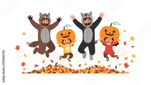Festive Leap into Halloween: A joyful group, adorned in playful costumes, leaps amidst a colorful tableau of autumn leaves, each moment of glee a celebration of the spooky season's charm.