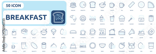 Breakfast icon set color outline style with pancake, omelette, toast, cereal, coffee, tea, bacon, egg, waffle, bagel, croissant, donut, fruit, smoothie, yogurt icons