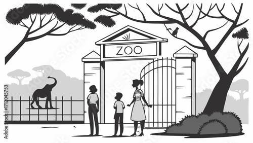 Zoo Entrance Family Animals Black and White Illustration.