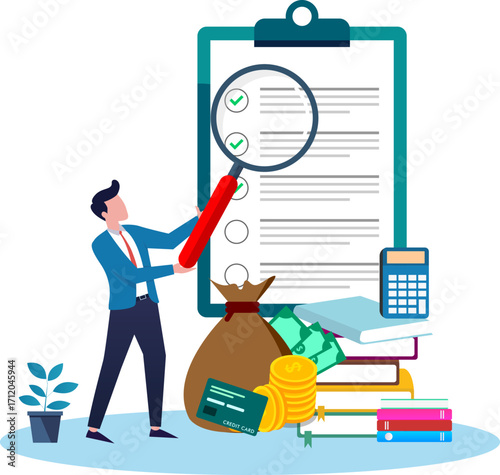 Businessman using magnifying glass to analyze budget, income tax or expense on long invoice receipt paper. Paying bills