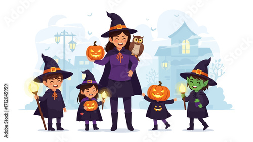 Whimsical Halloween: A group of children and a witch gather, each adorned in festive costumes, against a backdrop of a haunted house and a darkening sky.