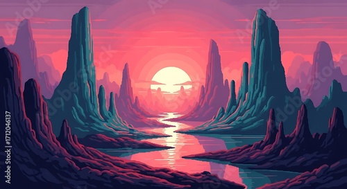 Colorful Alien Sunset Landscape.
