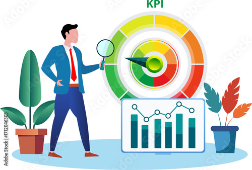 Result evaluation, businessman magnify benchmark metric graph scale. Benchmark performance or KPI key performance indicator