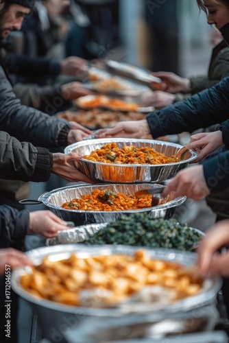 A community event where people serve themselves from a variety of ethnic dishes including stir fries and other vegetarian meals.