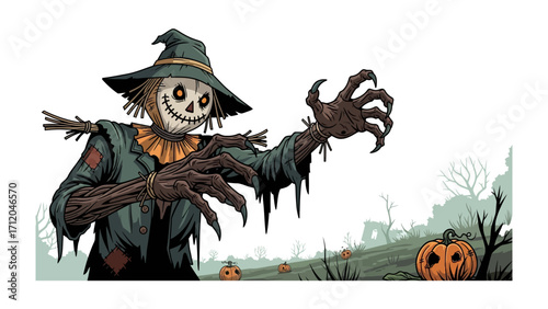 Spooky Scarecrow: A creepy scarecrow stands watch in a field. His hollow eyes and gnarled hands hint at tales of darkness.