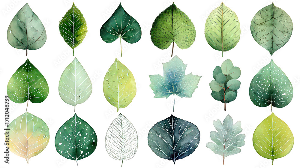 Obraz premium Collection Of Various Leaf Shapes In Shades Of Green And Light Teal On Black Background