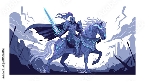 Valiant Knight on Horseback: A brave knight in gleaming armor, brandishing a glowing sword, rides his majestic horse towards a distant city under the ominous storm clouds.