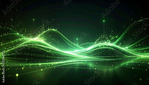 Digital artwork showcases abstract, glowing green lines resembling flowing energy waves over a reflective surface