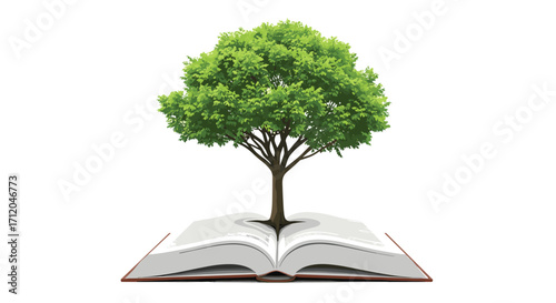A large green tree growing from the pages of an open book symbolizing education knowledge wisdom and environmental growth in a creative conceptual illustration, Generative AI.