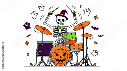 Skeleton Band Halloween: A whimsical illustration of a skeleton drummer playing a drum kit with a jack-o'-lantern as the bass drum, surrounded by playful ghosts and bats. Perfect for Halloween themes.
