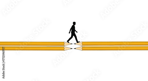 Silhouette of person bravely crossing a bridge made of pencils symbolizing education progress and overcoming challenges, Generative AI.