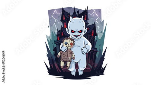 Evil Baby with Ragdoll: A mischievous baby devil clutches a creepy ragdoll, standing menacingly before a haunted mansion during a stormy night.