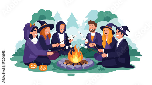 Friends Camping and Roasting Marshmallow: A close-knit group of friends enjoys a magical moment roasting marshmallows over a campfire.
