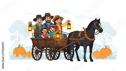 Harvest Carriage: A family of five enjoys a scenic journey in a horse-drawn carriage, navigating through a field abundant with pumpkins. The warm glow of lanterns illuminates their joyful faces.