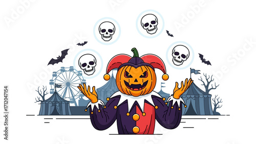 Halloween Juggler: An illustration capturing a whimsical Halloween scene, where a grinning pumpkin-headed jester, dressed in festive attire, juggles floating skull.
