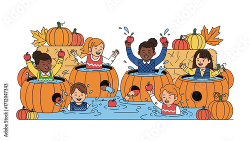 Autumn Festivities: Youngsters participate in a playful apple bobbing game at a festive autumn gathering, surrounded by vibrant pumpkins and the cheerful spirit of the season. 