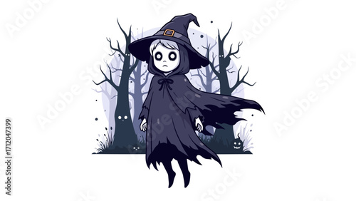 Spooky Witch in a Mysterious Forest: A cute witch in a black cloak and pointed hat hovers through a spooky forest, filled with shadowy trees and hidden forms.