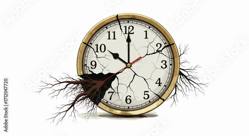Broken clock face with roots growing through symbolizing the passage of time and decay, Generative AI.