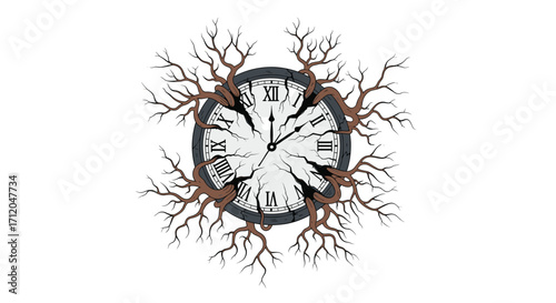 Stunning abstract art merges cracked clock face with gnarled tree roots symbolizing time's decay and nature's relentless growth, Generative AI.