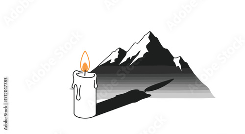 Candle's warm light casts long shadow against dramatic mountain backdrop symbolizing hope and perseverance through challenges, Generative AI.