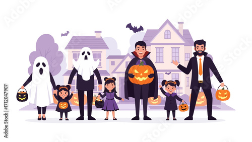 Spooky Neighborhood Gathering: A group of people and children dressed in costumes gathering on the spooky neighborhood street for the annual Halloween celebration. 