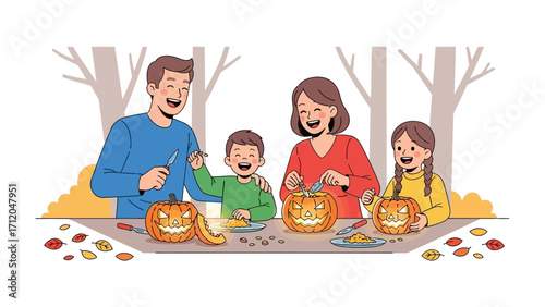 Family Fun: A joyful family participates in the Halloween tradition of carving pumpkins together, creating a heartwarming scene of unity and creativity.